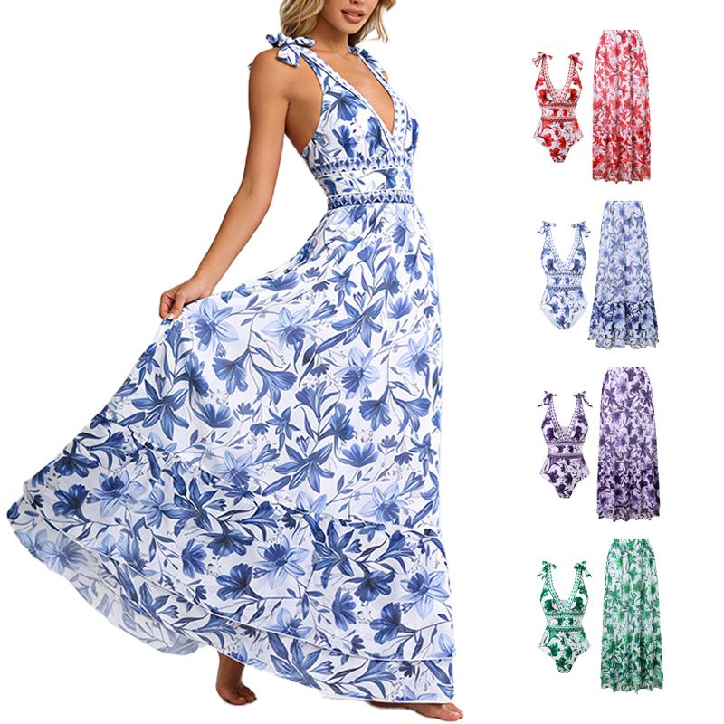 Women's V Neck Bohemian Print One-Piece Swimsuit and Matching Cover Skirt Set Summer Swimdress Swimming Vacation Beach Bathing SuitSuit Stylish Beachwear Women's V Neck Bohemian Print One-Piece Swimsuit and Matching Cover Skirt Set Summer Swimdress Swimming Vacation Beach Bathing SuitSuit Stylish Beachwear