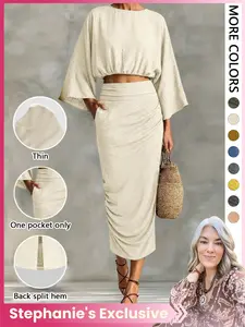 Women's Stylish Loose-Fitting Casual Two-Piece Set, Womenswear, Spring & Fall Comfortable Long Skirt with Waist Definition and Pocket one pocket, Clean Girl Outfits