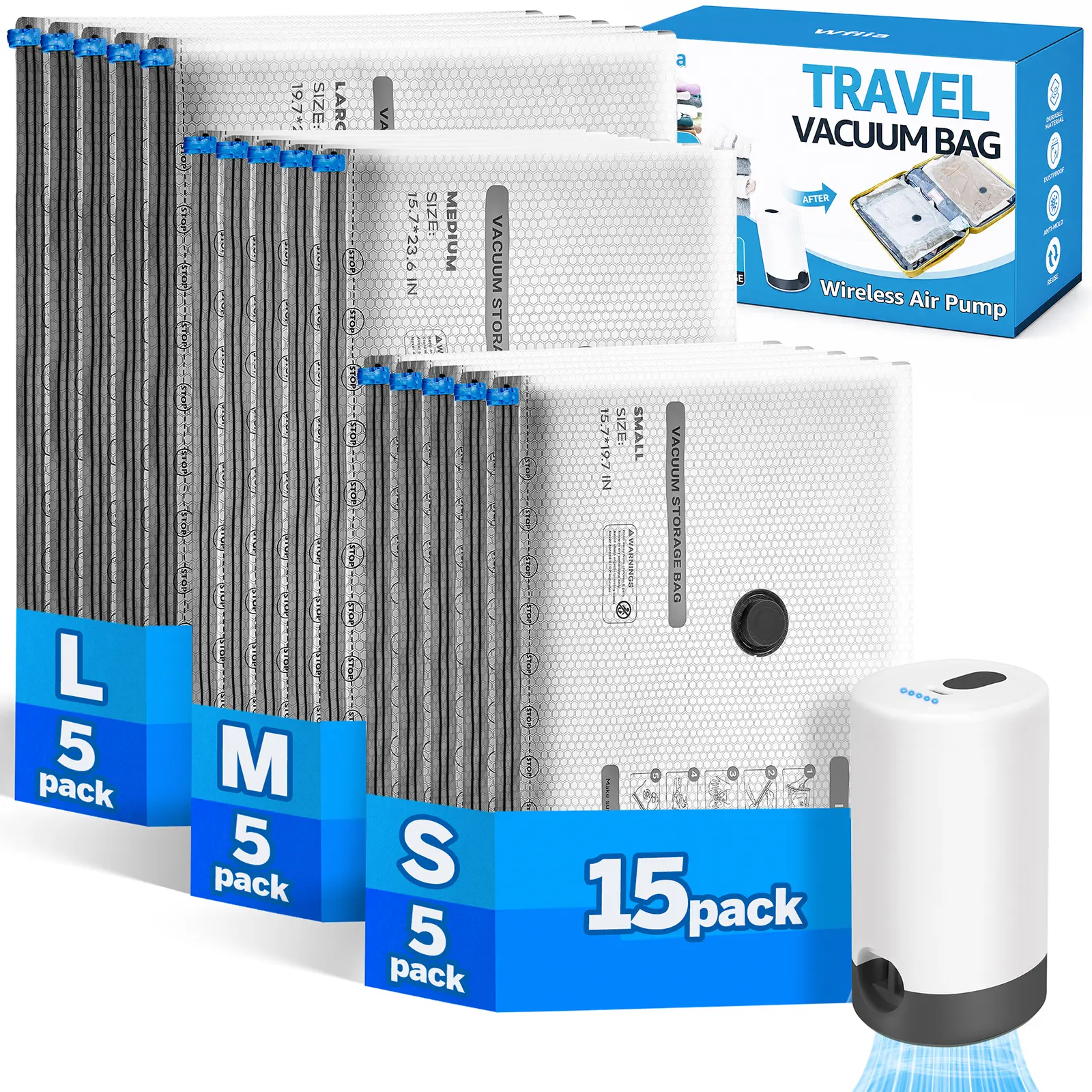 15 Packs Vacuum Bags for Travel with Rechargeable Pump, 3 Sizes Vacuum Seal Bags for Clothing, Compression Vacuum Travel Bags for Luggage, Vacuum Packing Bags for Closet Organization
