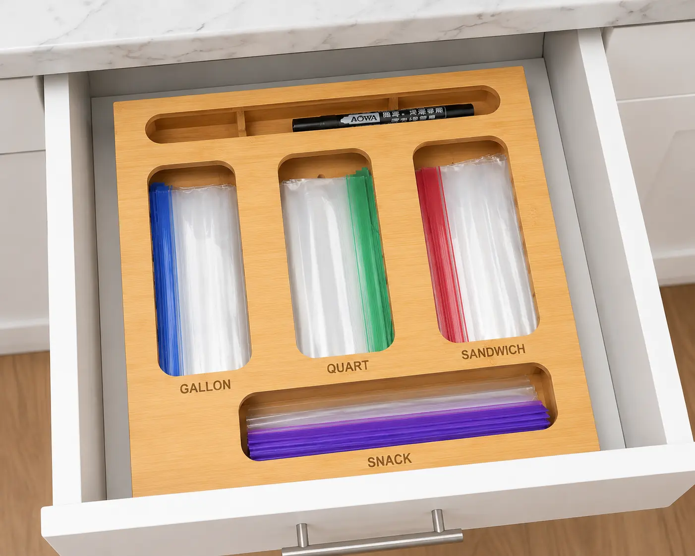 Bamboo Ziplock Bag Organizer for Drawer - 5-in-1 Home Supplies Set with 1 Marker, Rectangle Bamboo-Safe Storage, Smooth Slide Cover, Predrilled Holes for Easy Wall Setup, Durable Eco-Friendly for Gal, Qt, Snack Sizes