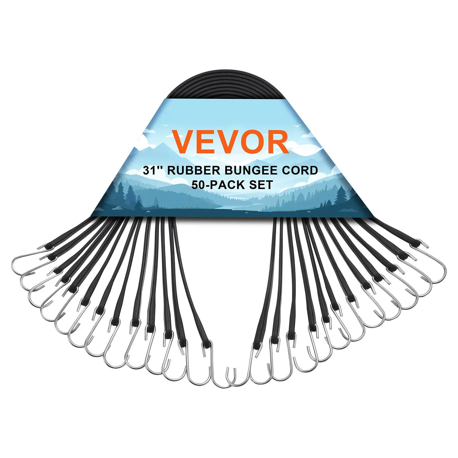 【summerfinds】VEVOR 50 Piece Flat Bungee Cord, 19.8 mm Heavy Duty Bungee Straps with Steel S-Hooks, 31" Elastic Bungee Rope for Cargo, Tarps, Trucks and Tent, Black