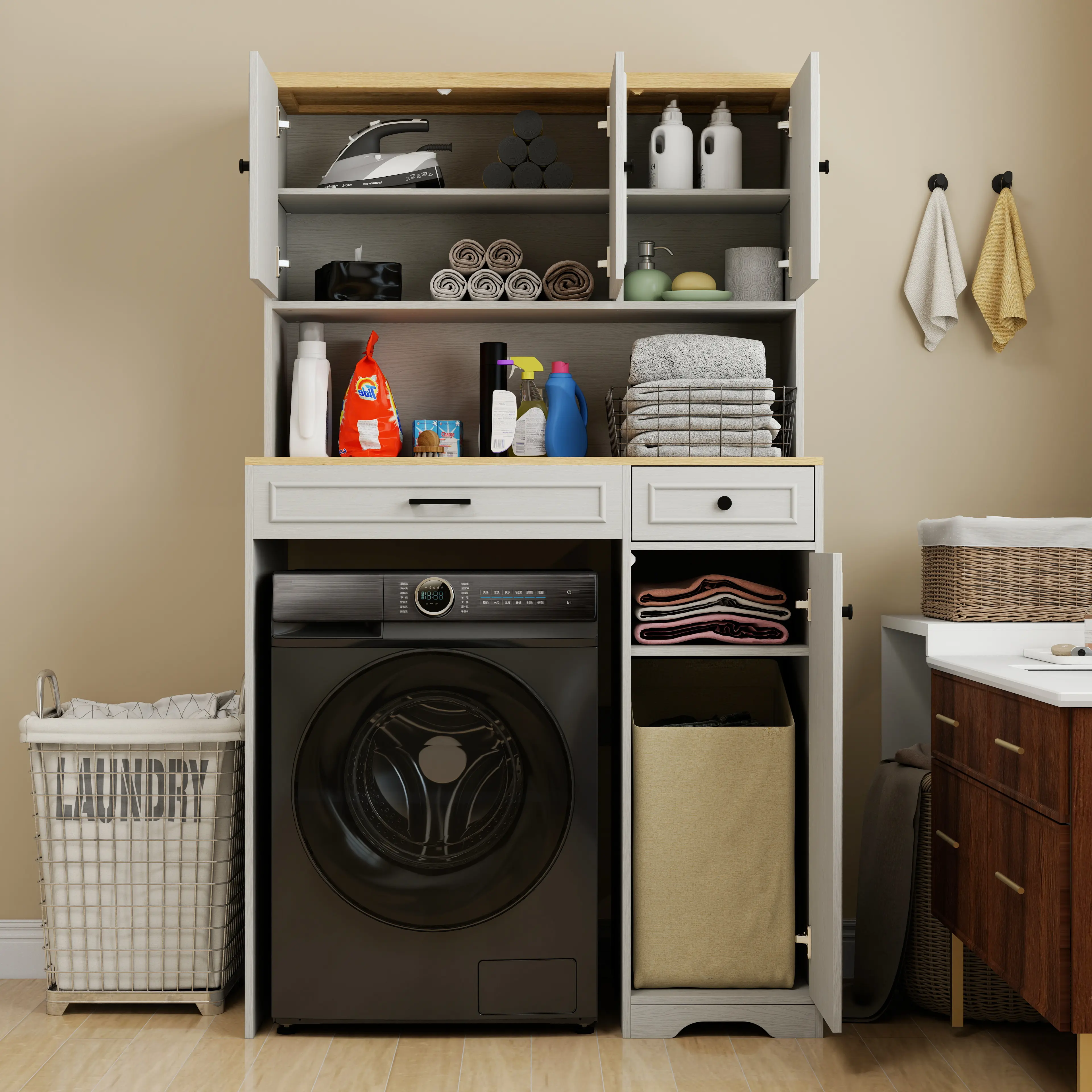 Antique White Wall-Mounted Waterproof Storage Cabinet for Washer-Dryer & Robot Vacuum - Modern Indoor Cupboard with 1 Laundry Basket, 1 Drawer, 2 Adjustable Shelves for Compact Washing Machines