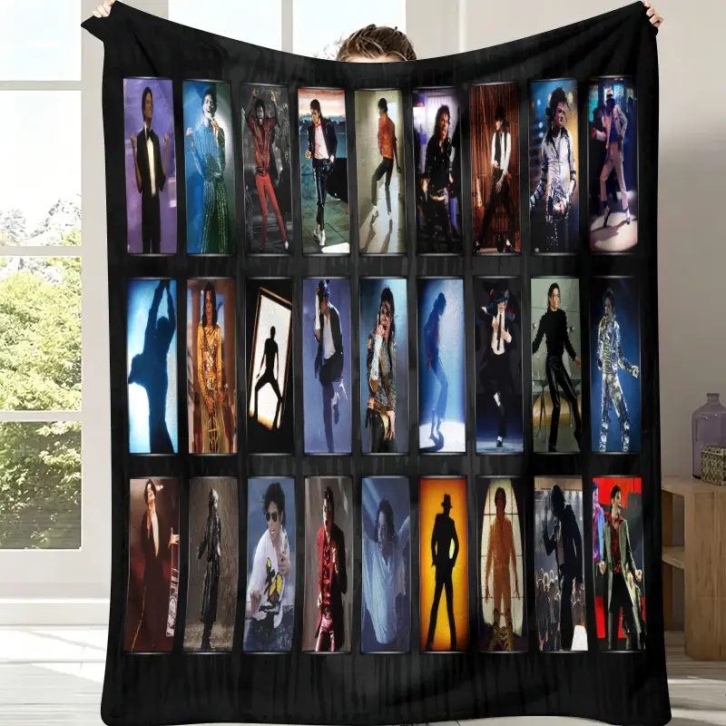 Michael Jackson Multi-Era Grid Photo Collage Throw Blanket - Solid Black 3×9 Vertical Frame Portrait Montage, King Of Pop Live Stage Vintage Photos, Soft Flannel Fleece, Retro Glam Home Décor, Stain Resistant All-Season Fan Gift