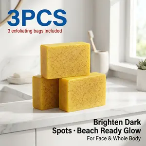 3Pcs turmeric soap for brightening skin, lemon–turmeric formula, improves darkening in underarms, bikini area, and inner thighs, natural facial and body cleansing soap, suitable for post-sun skincare, includes 3 exfoliating foaming mesh bags