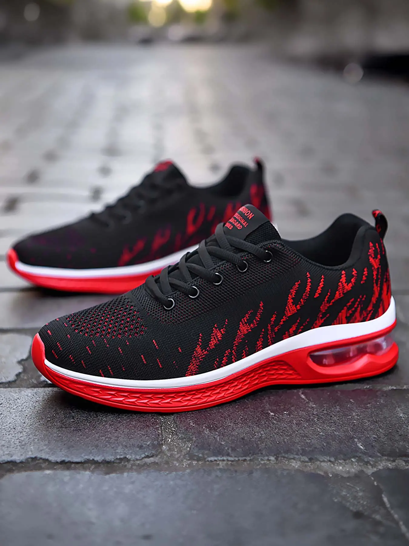 Men's Red Flame Air Cushion Sneakers, New Breathable Mesh, Thick Cushioned Running Shoes for Daily Wear, Athletic Running Shoes, Fashion Running Sneakers, Trendy Running Shoes, Athletic Running Trainers