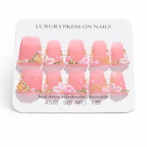 Blush Petal Bow Luxury Press-On Nails | Handmade Pink Jelly Nails with Gold Charms, Hearts & Floral Gems | Reusable Custom Fit Set