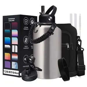 32/40/64/87/128 oz Insulated Water Bottle Stainless Steel - Gallon Water Bottle with Straw, Half Gallon Water Jug Wide Mouth, Sweat-Proof Metal Flask Mug with Paracord Handle For Gym Camping Hiking