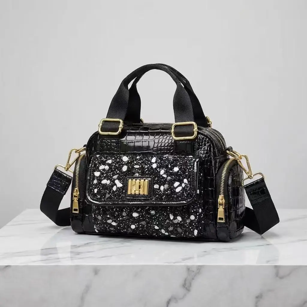 New Arrivals: Women's Retro Look Croco Pattern Diamond-Embedded Painted Leather Tote Satchel, High-Quality High-Capacity Bag with Adjustable Strap, Multi-Function Pockets, Crossbody for Casual Wear & Formal Occasions