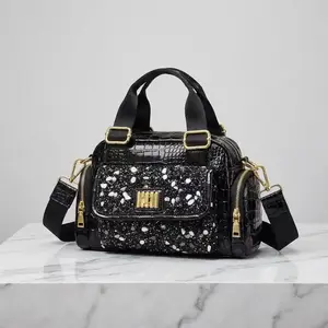 New Arrivals: Crocodile Pattern Diamond-Embedded Women's Handbag, High-Quality Painted Leather Tote with Multiple Pockets, Versatile Fashion Crossbody Bag for Casual and Formal Occasions