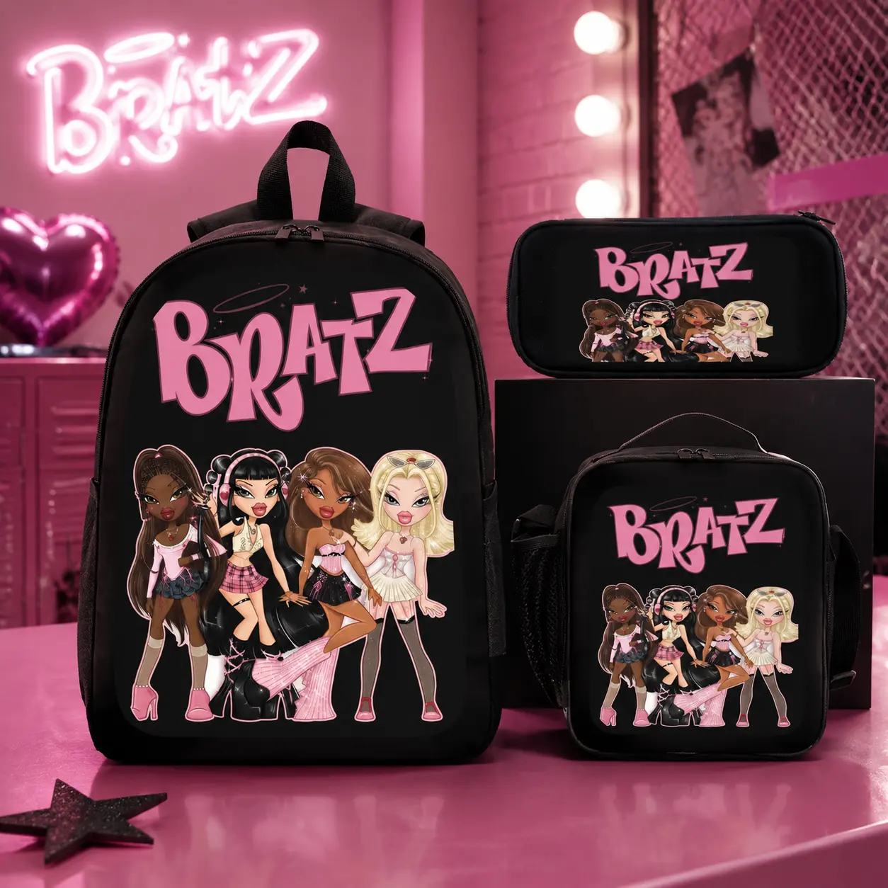 3PCS Fashion Doll Inspired Backpack Set with Lunch Bag & Pencil Case, Y2K Pink Graphic Travel Bag