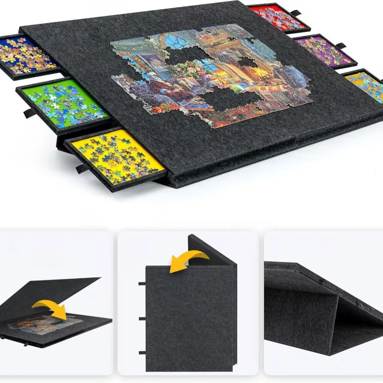 Large Foldable Jigsaw Puzzle Table with Sorting Trays, Anti-Slip Felt Surface & Adjustable Angle Stand for 2000pcs Puzzles