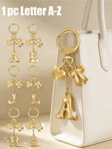 1 Pc A-Z Gold Bubble Letter Keychain With Heart And Bow, Keychain For Bags, Round Clasp Initial Bag Charm, For Key Handbag Backpack, Personalized Gift For Women Girls, Gift Charms Festival Graduation Birthday Mother Gifts