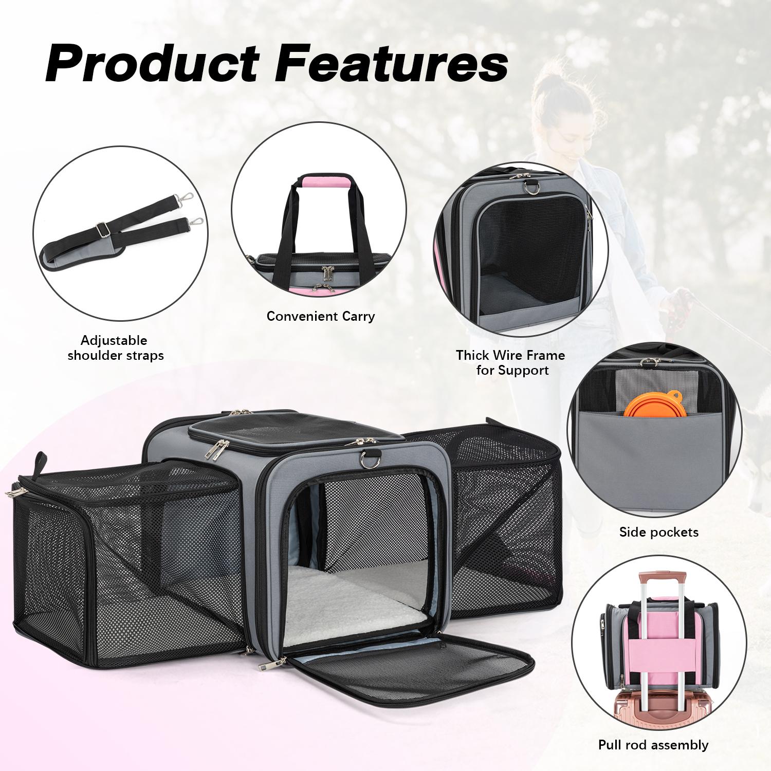 Pet Carrier Airline Approved, Expandable Large Dog Cat Carrier with Wheels, Upgraded Wheels Airline-Approved Cat & Dog Travel Carrier, Rolling Pet Carrier with Removable Pole Platform, Carnation Pink