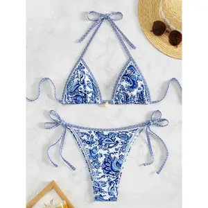 2026 New Boho Print Triangle Thong Bikini Set – Halter Neck Two-Piece Swimsuit(With Bonus Anklet Gift)