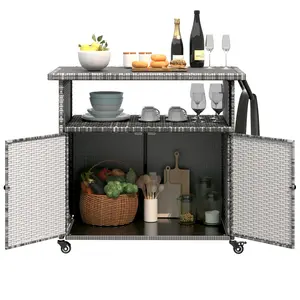 [TikTokShopBlackFriday] Outdoor Orgniser Racks Grill Cart with Wheels, Wicker Outdoor Storage Cabinet Organiser  Display Shelf
