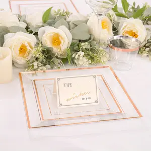 150 Pcs Rose Gold Square Plastic Plates, Disposable Rose Gold Dinnerware Includes: 25 Dinner Plates, 25 Dessert Plates, 25 Cups, 25 Knives, 25 Forks, 25 Spoons for Mothers Day Hand washable and reusable