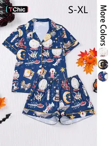 2 pieces of women's Halloween witch hat skull crystal ball butterfly print short sleeved shorts comfortable lapel pajama set knitted top pocket elastic waistband suitable for all seasons casual classic home wear