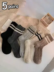 Women's Preppy Striped Knit Mid-Calf Socks, Thick Warm Winter Socks, Perfect for Snow Boots & Short Boots, Sock Set, Pack of 5 Pairs