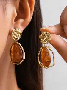 1 Pair Textured Gold Asymmetric Amber Drop Earrings | Boho-Chic Gift for Fashion-Forward Her, Daily & Party Looks
