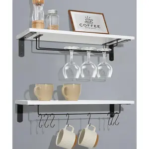 Afuly Coffee Bar Shelf, 20 Inch Wall Mounted Shelves for Mugs & Glasses, Floating Shelves with 8 Hooks, Coffee Cup Wall Holder, Set of 2