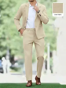Manfinity Mode Men's Simple Solid Color Business Suit, Includes Top And Pants, Brown Suit, 2 Pieces Set, Men Beige Suit Men Khaki Suit Men Summer Suits Cream Suit Men Men Casual Champagne Outfits Old Money,Daily Leisure, Weekend Trips, Outdoor Activities,