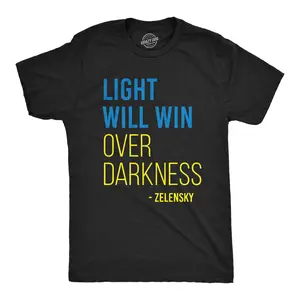 Mens Light Will Win Over Darkness T Shirt Cool Zelensky Ukraine Motivational Quote Graphic Tee for Guys Mens Funny T Shirts Cool Vintage Fashion T-Shirt Gift Classic Menswear Funny Political Short Sleeve Black