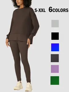 Women's Solid Split Hem Drop Shoulder Loose Sweatshirt & Leggings Set, Casual FashionCozy Round Neck Long Sleeve Pullover &Skinny Pants for Daily Outdoor WearWomen's Clothing for Fall & Winter