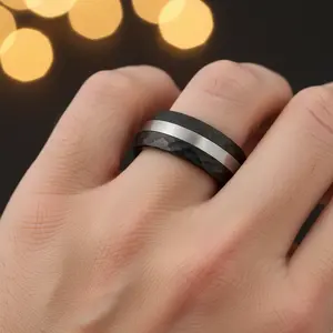 Black Hammered Brush 2-Tone Tungsten Carbide Ring with Gunmetal Strip For Him For Her Tungsten Ring Anniversary Ring for Men Engagement Ring