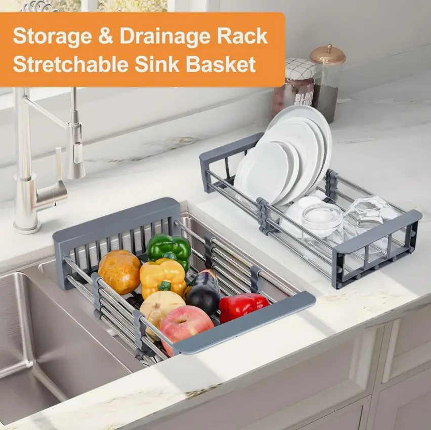 Stainless Steel Sink Tray Drying Rack - Adjustable Expandable Sink Basket for Kitchen & Bathroom, Home Storage Organizer for Dishes, Fruit, Vegetables, Cleaning Supplies