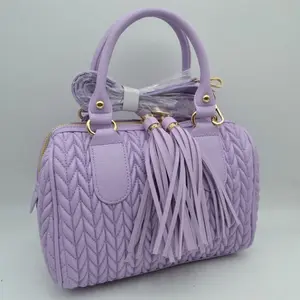 Lavender Quilted PU Leather Satchel with Tassels Stylish Handbag for Everyday Use Crossbody Shoulder Bag with Detachable Strap and Gold Hardware