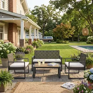 4-Piece Outdoor Patio Furniture Set, PE Rattan Sectional Seating with Acacia Wood Tabletop, Rust Resistant Steel Frame & Water Resistant Cushions, Easy Assembly Conversation Set for Balcony Porch Garden Backyard Lawn Spaces