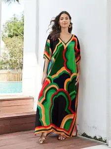 Women's All Over Print Batwing Sleeve Cover Up Dress, Casual V Neck Half Sleeve Cover Up Dress for Beach Holiday Vacation, Ladies Clothes for All Seasons, Beach Cover Ups, Swim Cover Ups