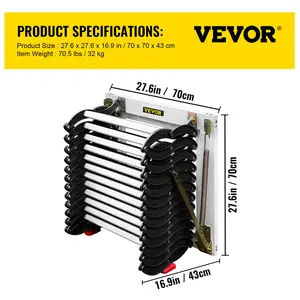 VEVOR Attic Steps Pull Down 12 Steps Attic Stairs Alloy Attic Access Ladder, Black Pulldown Attic Stairs, Wall-mounted Folding Stairs for Attic, Retractable Attic Ladder with Armrests, 9.8 feet Height