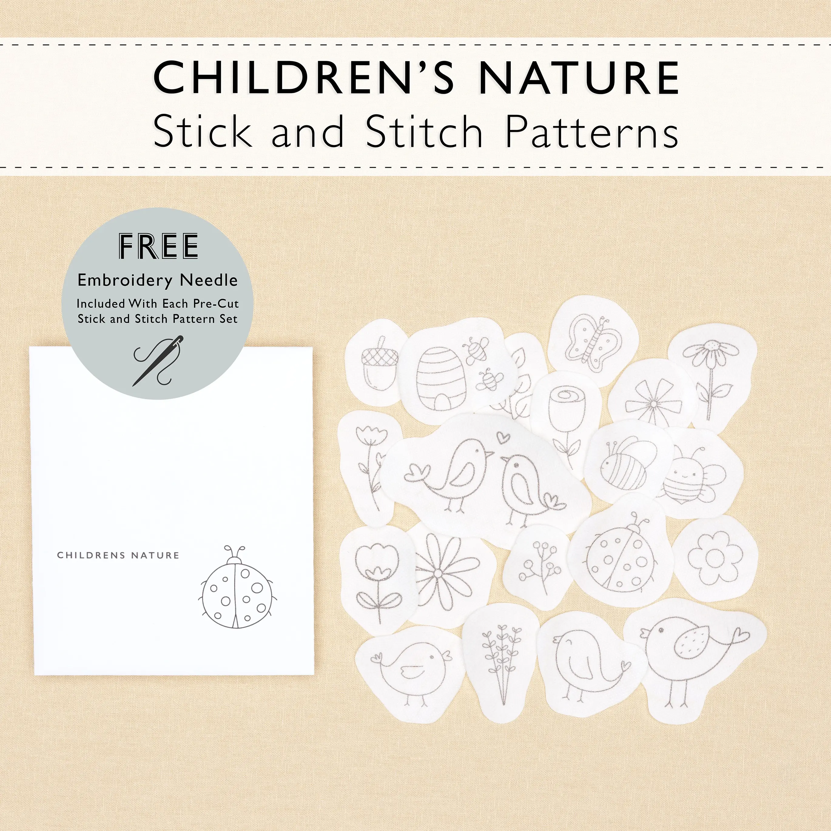 Children’s Nature Stick and Stitch Embroidery Patterns | 20 Pre-Cut Transfers | Beginner Hand Embroidery for Kids, Clothes, & Gifts