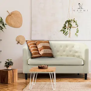 Emma Love Seat, Button Tufted Faux Leather Barrel Loveseat, Midcentury Modern 2 Seater Sofa Couch, Small Loveseat for Small Spaces, Bedrooms, Couches for Living Room, Easy Tool-Free Assembly - Cream