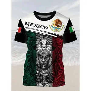 [Sporty and comfortable] Men's Mexican-themed T-shirt - Casual polyester fabric, pinhole breathable, crew neck, short sleeves, vibrant eagle and snake emblem print, machine washable, summer, Athletic T Shirt, Athletic Top