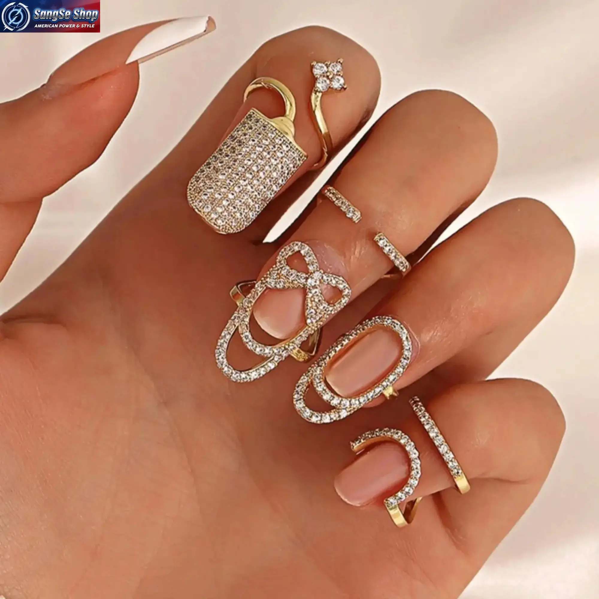 Rhinestone Cuff Open Ring 4Pcs Set 2026 Trend Elegant Sparkling Adjustable Stackable Rings for Women Girls All-Match Fashion Jewelry Set for Daily Wear Party Birthday Gift Engagement Style Accessories Chic Minimal Bling Ring Set