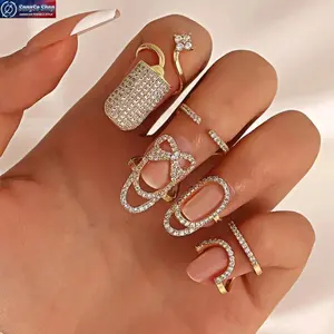 Rhinestone Cuff Open Ring 4Pcs Set 2026 Trend Elegant Sparkling Adjustable Stackable Rings for Women Girls All-Match Fashion Jewelry Set for Daily Wear Party Birthday Gift Engagement Style Accessories Chic Minimal Bling Ring Set