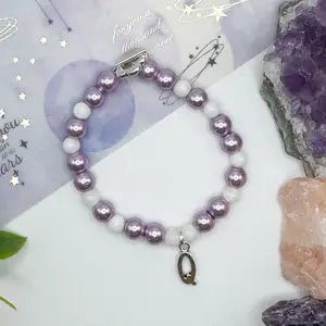 Initial Lavender Pearl Dream Beaded Bracelet with Custom Letter Charm & Flower Clasp Elegant Purple & White Beads