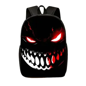 Lightweight Spacious Unisex Monster Graphic Backpack For Teens, Dark Design With Red Eyes White Teeth, Adjustable Shoulder Straps Side Pockets, Versatile Laptop Bag For Daily School Commute Hiking Casual Outings