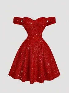 Women Red Sequin Off-Shoulder Mini Dress Fairy Core Tube Dress New Year Party Outfit