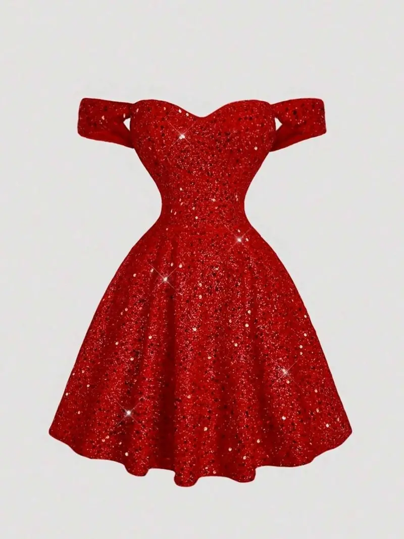 Women Red Sequin Off-Shoulder Mini Dress Fairy Core Tube Dress New Year Party Outfit