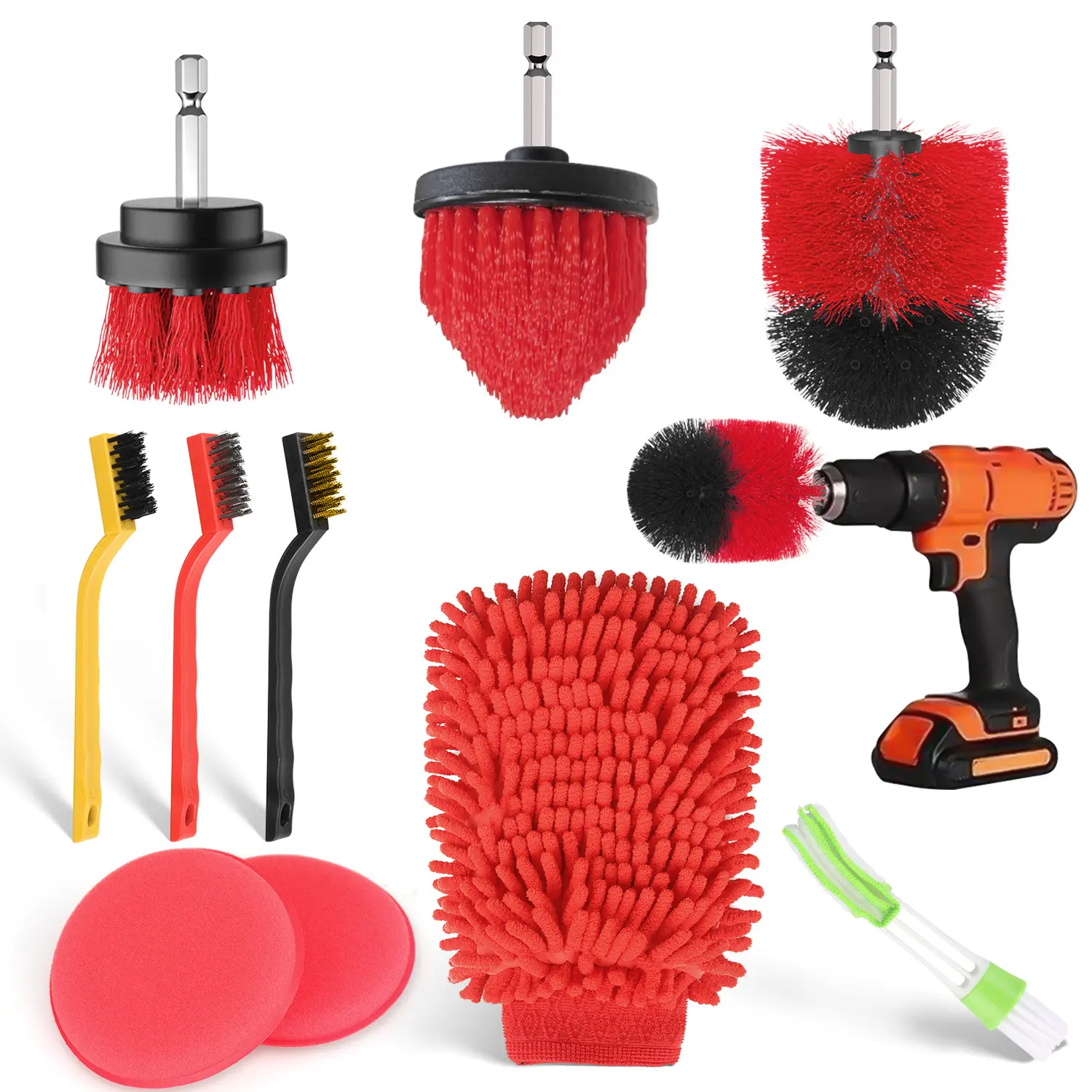 10-Piece Car Detailing Kit, Automotive Power Drill Brush Attachments Set with Car Wash Mitt, Wax Sponges, Air Vent Cleaner, Detail Brushes for Auto Interior & Exterior Maintenance