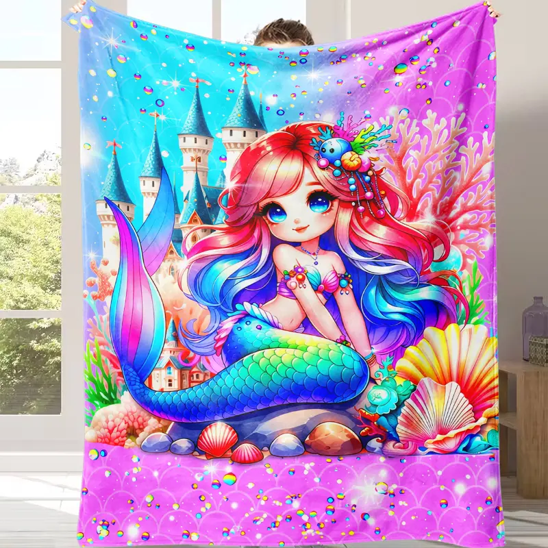 Colorful Little Mermaid Princess Flannel Blanket, Cute Ariel Underwater Castle Throw, Ultra-Soft Cozy Plush Blanket, Perfect Birthday, Christmas & All Occasion Gift for Little Girls, Mermaid Lovers & Kids Who Love Magical Fairy Tales