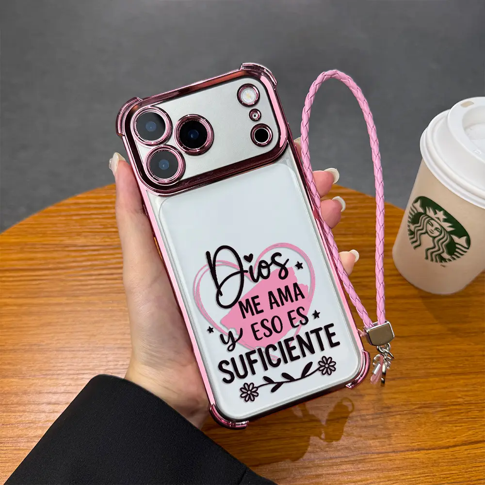 Simple female faith lanyard phone case, four corner airbag anti fall protection, non yellowing electroplated transparent phone case, suitable for iPhone 17 Pro Max Air 16 Pro Max 15 Plus 14 13 12 11 XR Samsung Galaxy S25 S24 S23 S22 phone case. A156