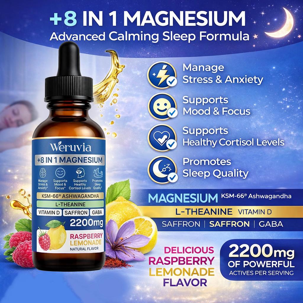 Magnesium Drops 2200mg + Ashwagandha & L-Theanine | Raspberry Lemon Flavor | Daily Wellness Support  2（+