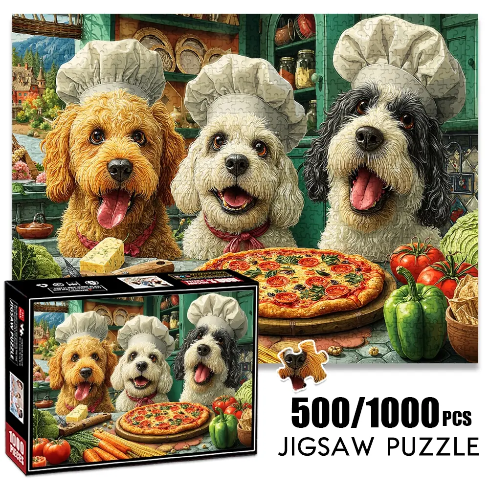 1pc 1000 piece adult puzzle 70x50cm Three Dogs in Chef Hats with Pizza and Vegetables 500 pieces paper jigsaw puzzle suitable for DIY creative games for adults and families, birthday and holiday st