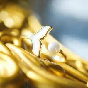 Pearl Ring Mermaid Tail S999 Sterling Silver 14K Gold Plated Adjustable Ring