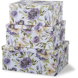 Soul & Lane Decorative Cardboard Storage Boxes with Lids for Home Decor and Organization, Set of 3 Large Keepsake Boxes for Memories & Gifts, Nesting Floral Photo Storage Containers, Purple Passion