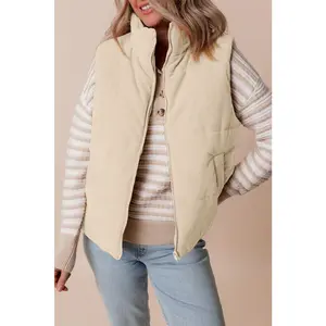 Beige Corduroy Stand Neck Zipped Puffer Vest